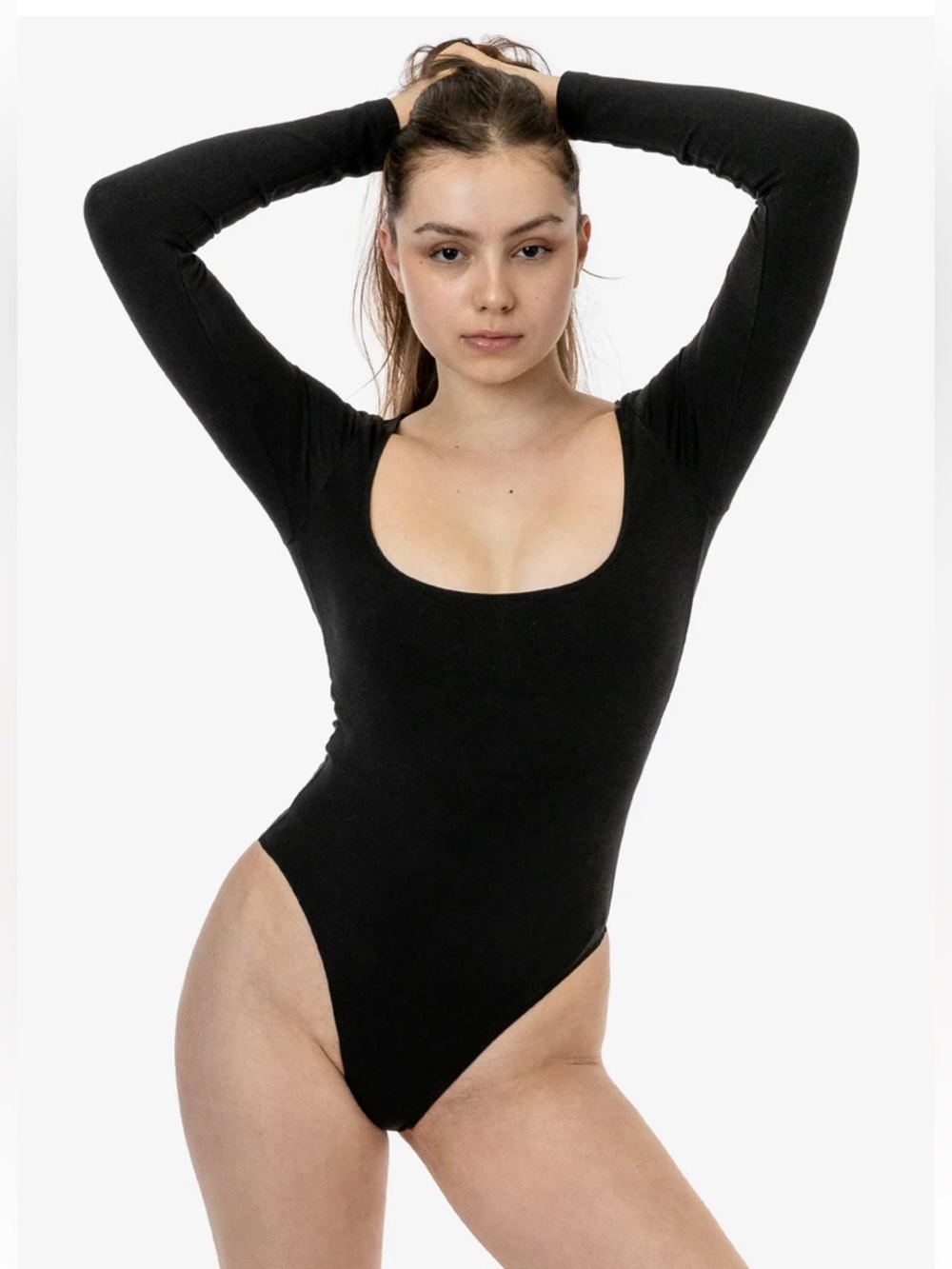 NWT solid Black Long-Sleeve low Square Neck thong Bodysuit